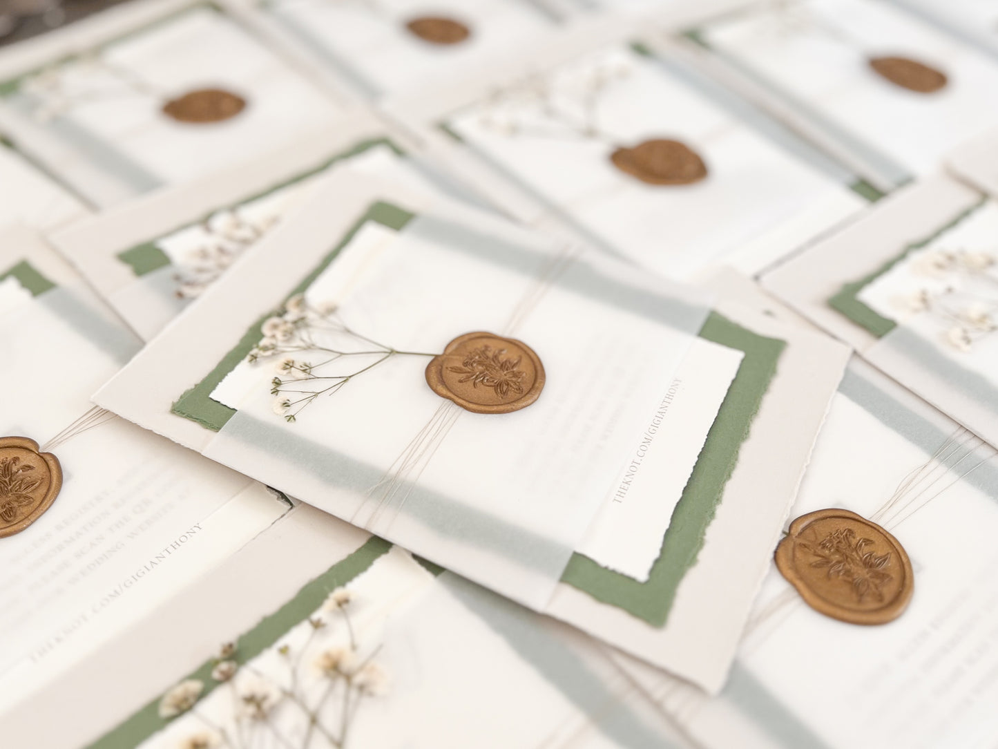 Baby’s Breath Wedding Invitation with Deckled Edging, Baby’s Breath, Vellum Belly Band and Wax Seal