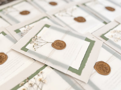 Baby’s Breath Wedding Invitation with Deckled Edging, Baby’s Breath, Vellum Belly Band and Wax Seal