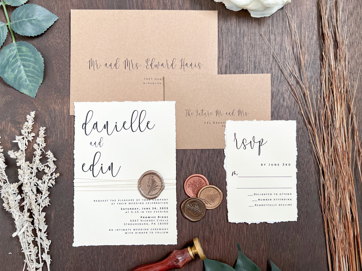 Simple Ivory Wedding Invitation with Deckled Edge, Wax Seal & Thread