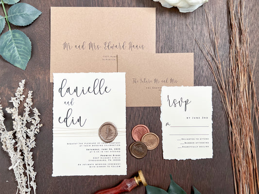 Simple Ivory Wedding Invitation with Deckled Edge, Wax Seal & Thread