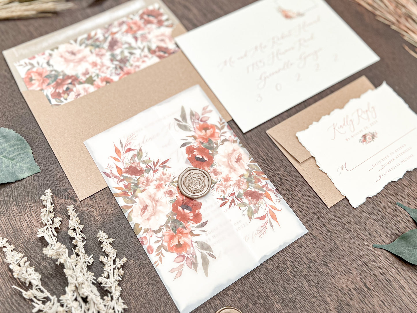 Boho Wedding Invitation with Copper, Rust Burnt Orange Flowers, Deckled Edging, Vellum & Wax Seal
