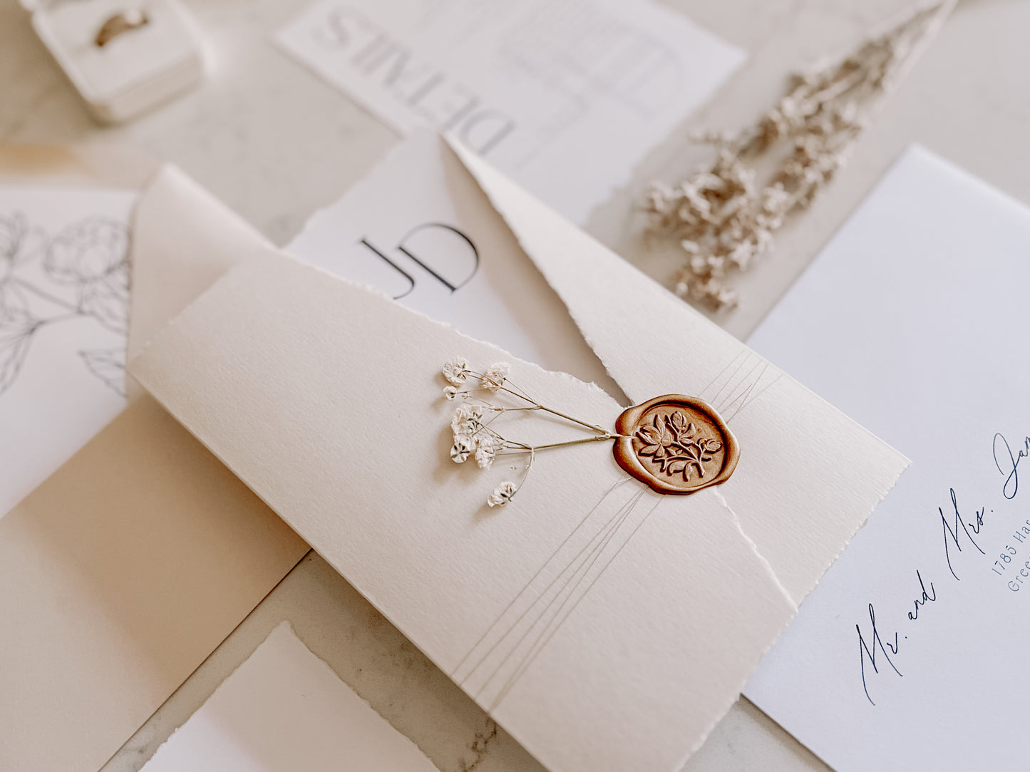 Trifold Monogram Wedding Invitation with Baby’s Breath, Wrap & Wax seal