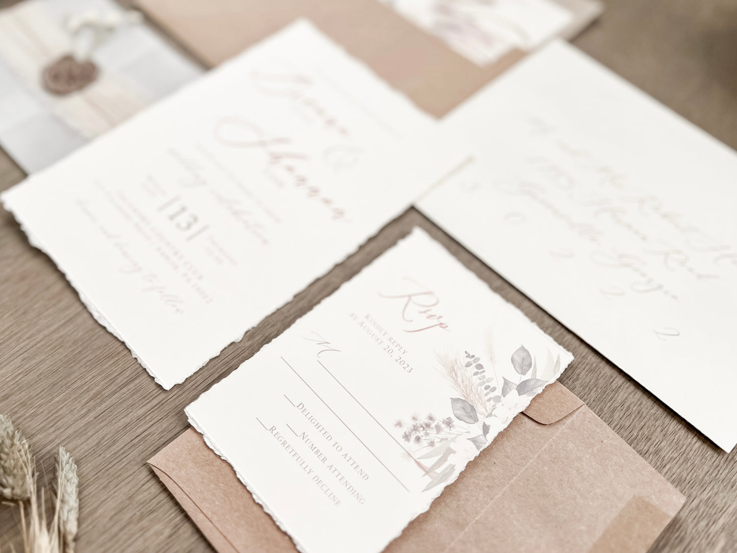 Floral Pampas Grass Wedding Invitation with Deckled Edging, Vellum Belly Band, Chiffon Ribbon, Dried Baby’s Breath and Wax Seal