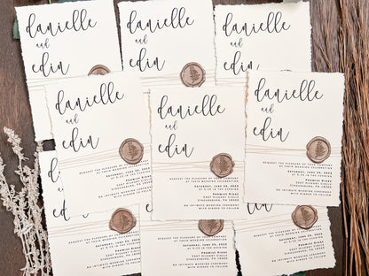 Simple Ivory Wedding Invitation with Deckled Edge, Wax Seal & Thread
