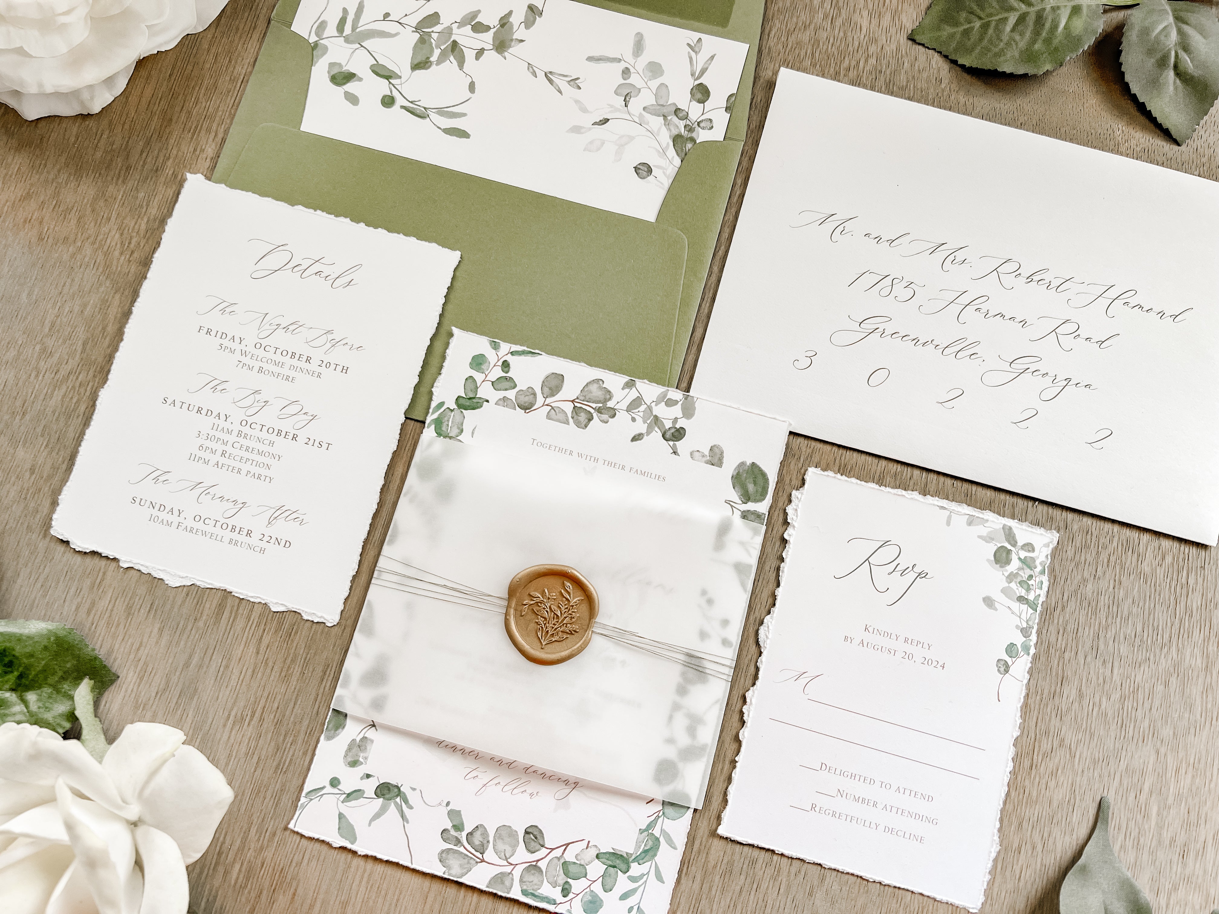 Eucalyptus Greenery Wedding Invitation with Deckled Edging, Vellum Belly Band and Wax Seal