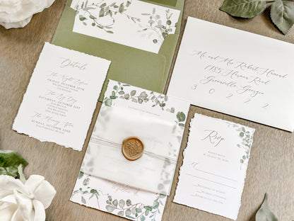 Eucalyptus Greenery Wedding Invitation with Deckled Edging, Vellum Belly Band and Wax Seal