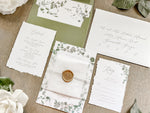 Eucalyptus Greenery Wedding Invitation with Deckled Edging, Vellum Belly Band and Wax Seal