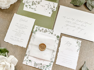 Eucalyptus Greenery Wedding Invitation with Deckled Edging, Vellum Belly Band and Wax Seal
