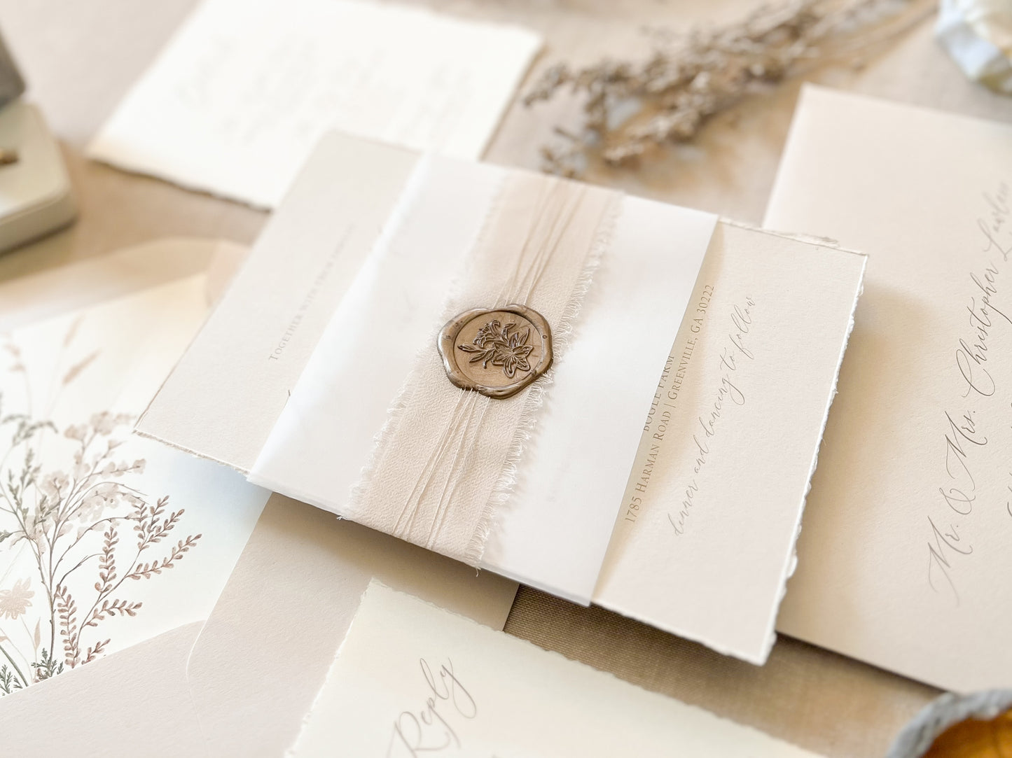 Neutral Wedding Invitation with Deckled Edging, Vellum Bellyband, Chiffon Ribbon and Wax Seal