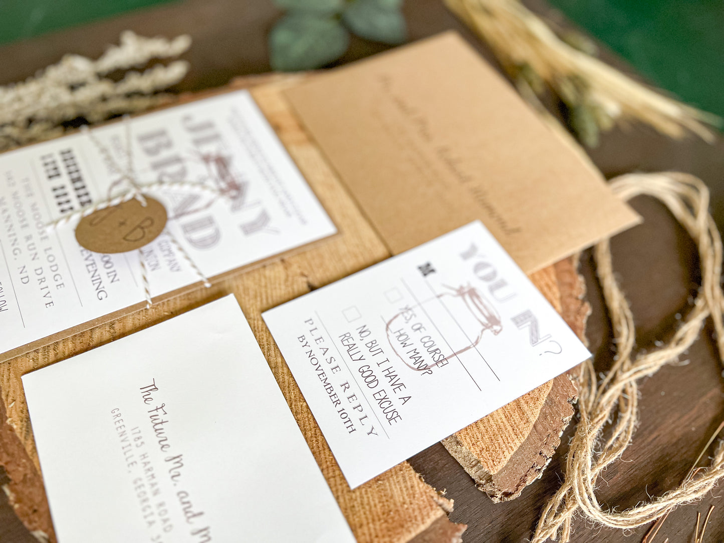 Country Farm Barn Wedding Invitation with Twine and Round Monogram Tag