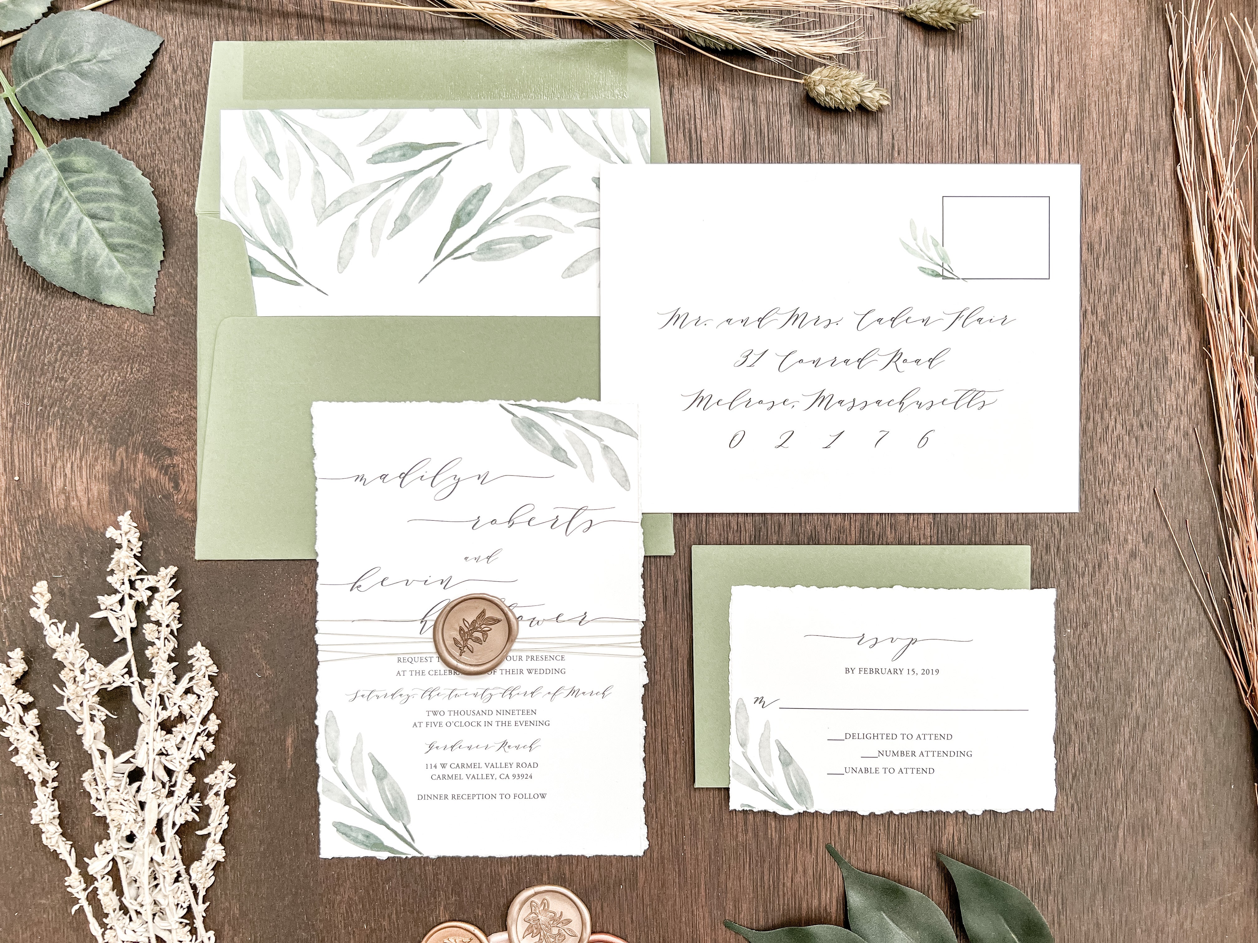 Greenery Deckled Edge Wedding Invitation with Wax Seal & Thread