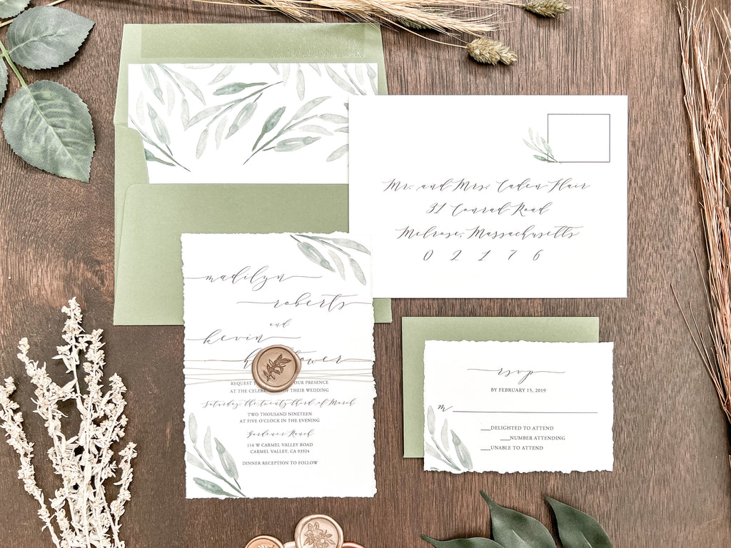 Greenery Deckled Edge Wedding Invitation with Wax Seal & Thread