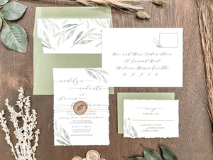 Greenery Deckled Edge Wedding Invitation with Wax Seal & Thread