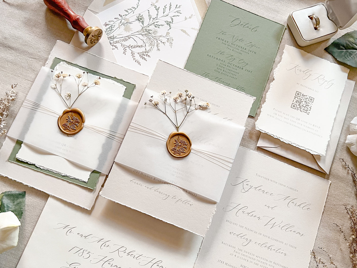 Baby’s Breath Wedding Invitation with Deckled Edging, Baby’s Breath, Vellum and Wax Seal