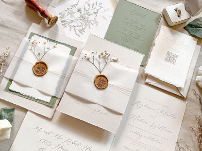 Baby’s Breath Wedding Invitation with Deckled Edging, Baby’s Breath, Vellum and Wax Seal
