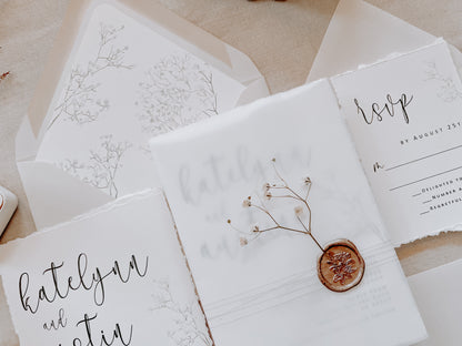 Baby’s Breath Wedding Invitation with Deckled Edging, Vellum Wrap and Wax Seal
