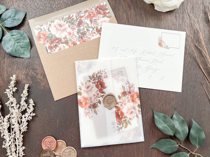 Copper & Rust Foliage Boho Wedding Invitation with Deckled Edging, Vellum & Wax Seal
