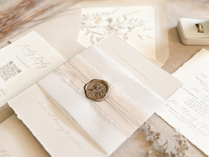 Neutral Wedding Invitation with Deckled Edging, Vellum Bellyband, Chiffon Ribbon and Wax Seal