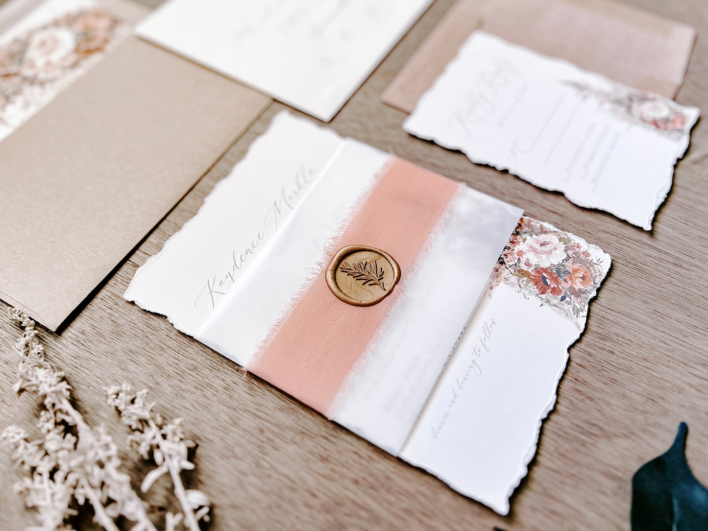 Rose Gold Wedding Invitation with Pampas Grass, Terracotta Beige Florals, Deckled Edging, Vellum Belly Band, Chiffon Ribbon and Wax Seal