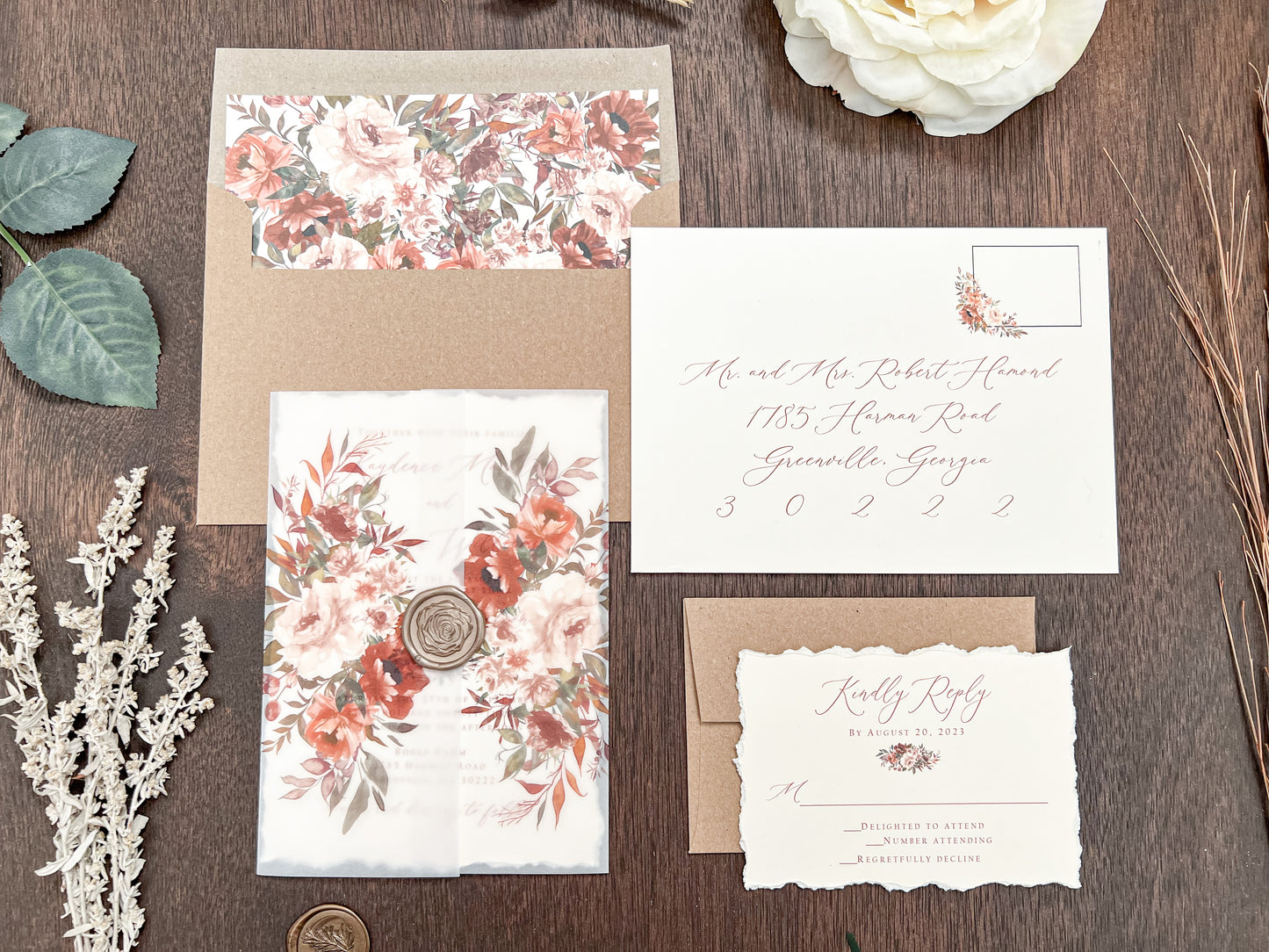 Boho Wedding Invitation with Copper, Rust Burnt Orange Flowers, Deckled Edging, Vellum & Wax Seal