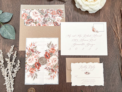 Boho Wedding Invitation with Copper, Rust Burnt Orange Flowers, Deckled Edging, Vellum & Wax Seal