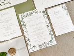 Eucalyptus Greenery Wedding Invitation with Deckled Edging, Vellum Belly Band and Wax Seal