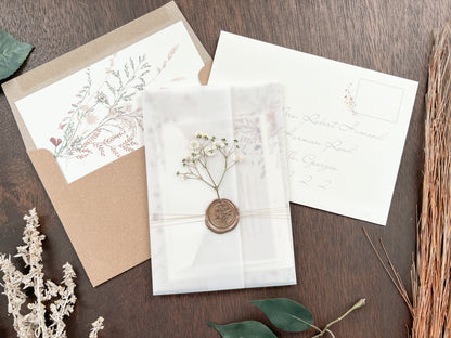 Baby’s Breath Wedding Invitation with Deckled Edging, Vellum Wrap and Wax Seal