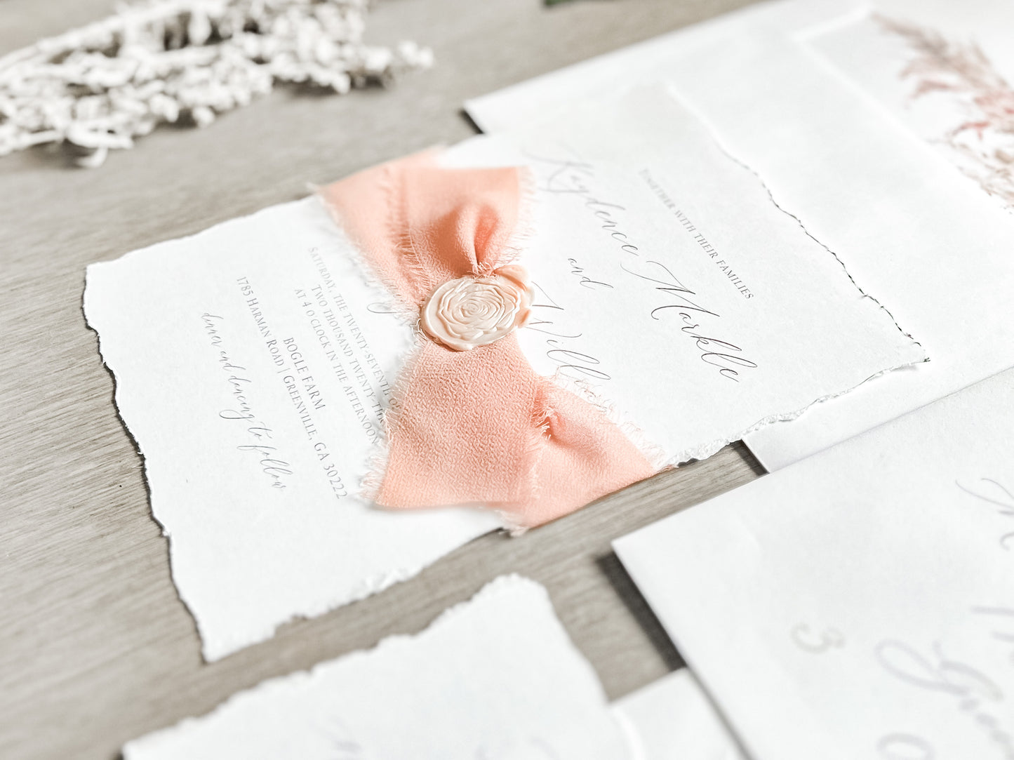 Rose Gold Ribbon Wedding Invitation with Deckled Edging and Blush Pink Wax Seal