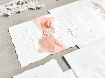 Rose Gold Ribbon Wedding Invitation with Deckled Edging and Blush Pink Wax Seal