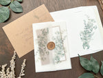 Eucalyptus Vellum Wedding Invitation with Antique Gold Wax Seal