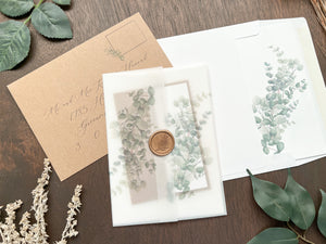 Eucalyptus Vellum Wedding Invitation with Antique Gold Wax Seal