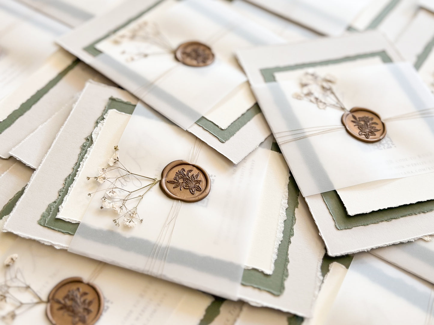 Baby’s Breath Wedding Invitation with Deckled Edging, Baby’s Breath, Vellum and Wax Seal