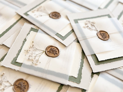 Baby’s Breath Wedding Invitation with Deckled Edging, Baby’s Breath, Vellum and Wax Seal