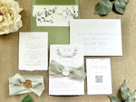 Monogram Laurel Wreath Wedding Invitation with Muted Sage Green Chiffon Ribbon & Wax Seal with Deckled Edging