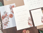 Copper Boho Wedding Invitation with Burnt Orange, Terracotta & Blush Flowers, wrapped in Vellum & Wax Seal
