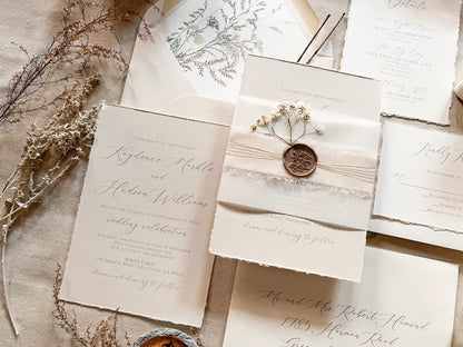 Neutral Wedding Invitation with Deckled Edging, Vellum Belly Band, Chiffon Ribbon