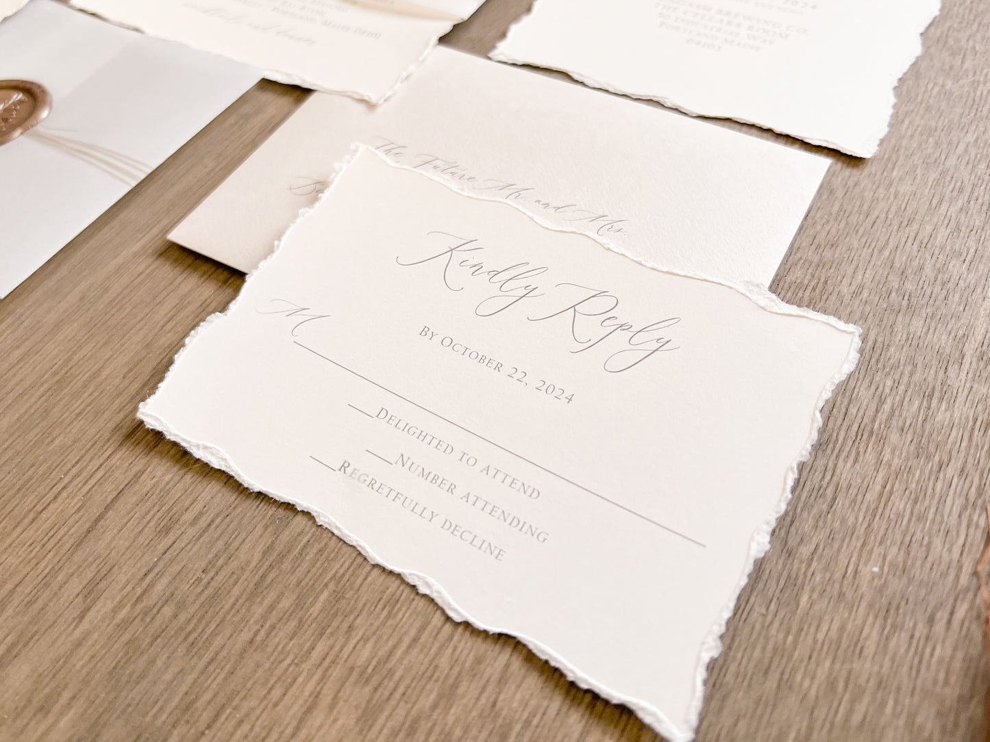 Antler Wedding Invitation with Deckled Edging, Vellum Belly Band and Wax Seal
