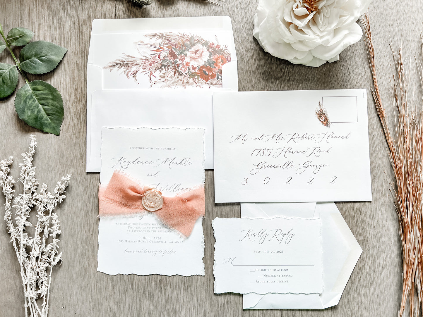 Rose Gold Ribbon Wedding Invitation with Deckled Edging and Blush Pink Wax Seal
