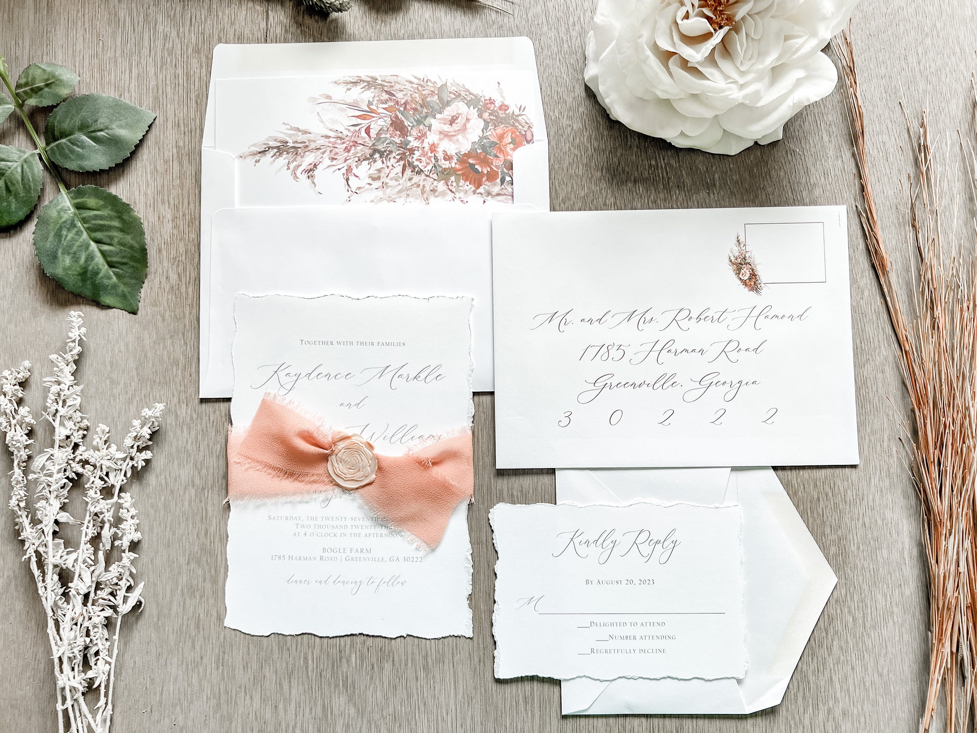 Rose Gold Ribbon Wedding Invitation with Deckled Edging and Blush Pink Wax Seal