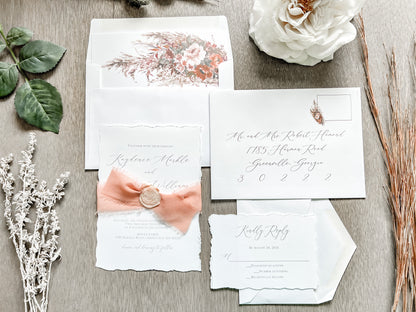 Rose Gold Ribbon Wedding Invitation with Deckled Edging and Blush Pink Wax Seal
