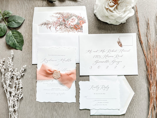 Rose Gold Ribbon Wedding Invitation with Deckled Edging and Blush Pink Wax Seal