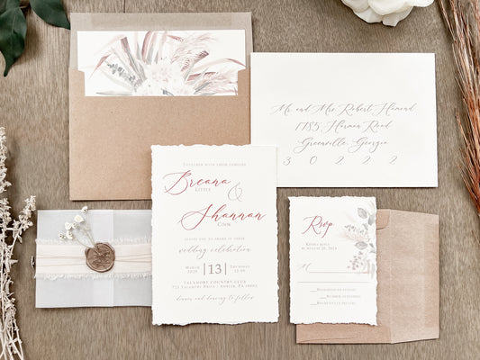 Floral Pampas Grass Wedding Invitation with Deckled Edging, Vellum Belly Band, Chiffon Ribbon, Dried Baby’s Breath and Wax Seal