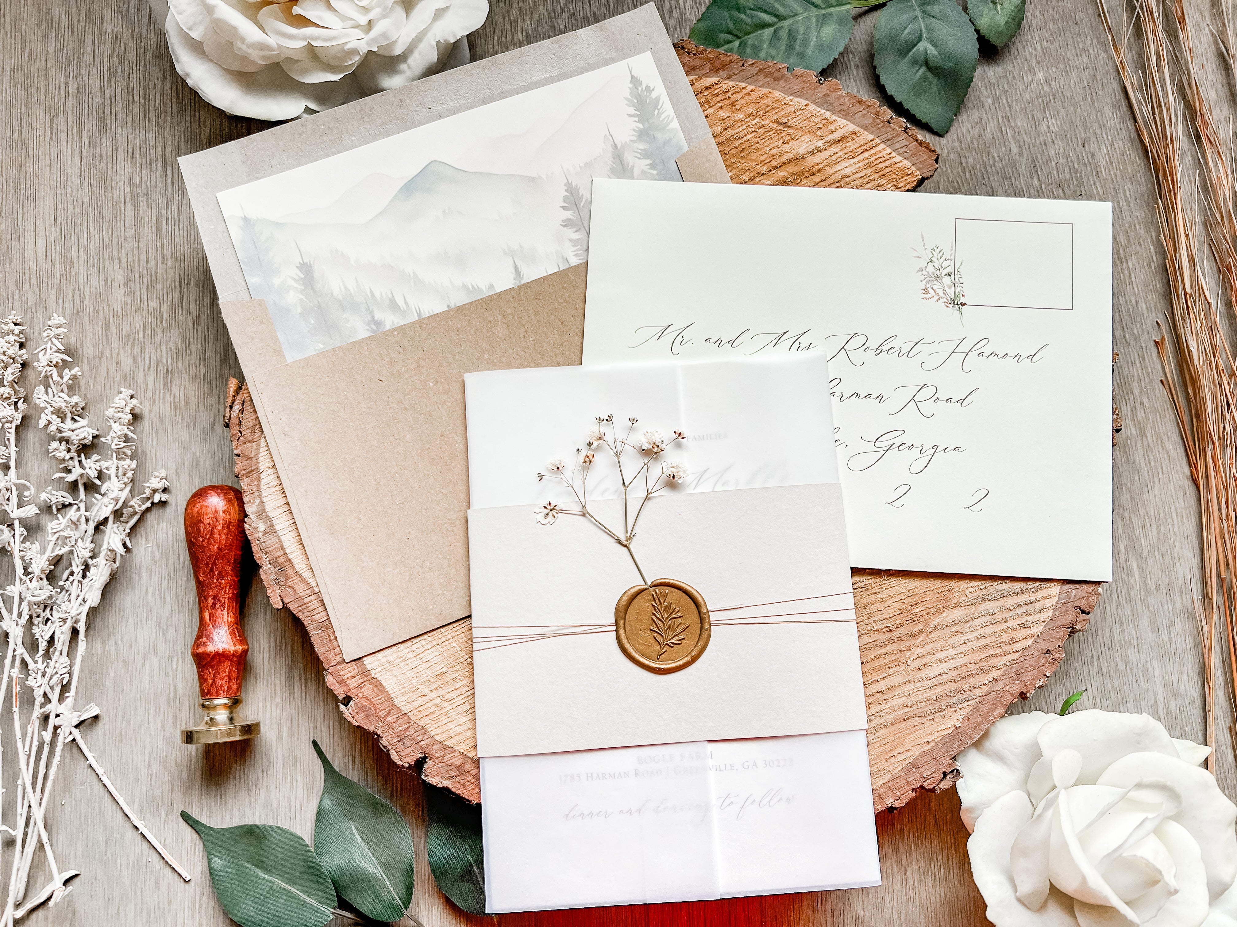 Elegant Wedding Invitation with Baby’s Breath, Beige & Vellum Wrap and Wax Seal