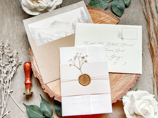 Elegant Wedding Invitation with Baby’s Breath, Beige & Vellum Wrap and Wax Seal