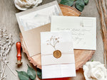 Elegant Wedding Invitation with Baby’s Breath, Beige & Vellum Wrap and Wax Seal