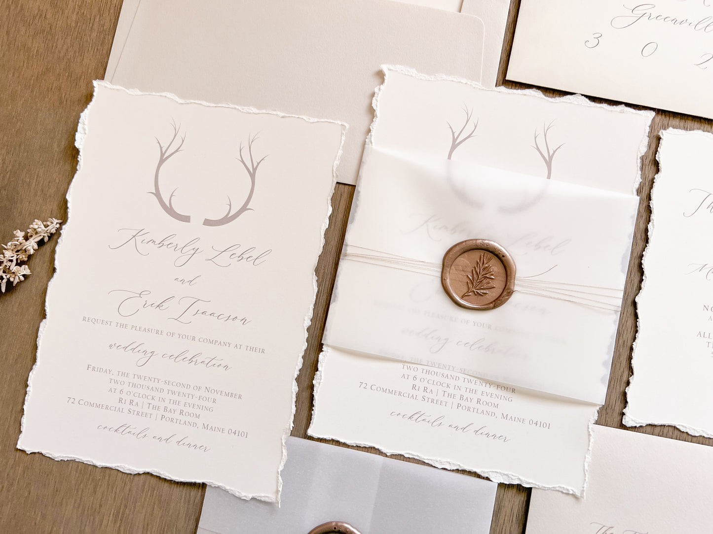 Antler Wedding Invitation with Deckled Edging, Vellum Belly Band and Wax Seal
