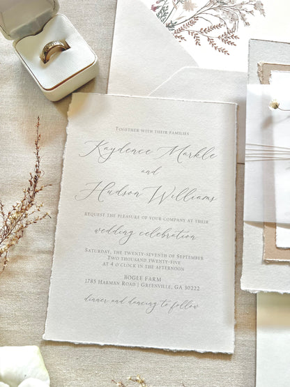 Neutral Baby’s Breath Wedding Invitation with Deckled Edging, Vellum and Wax Seal