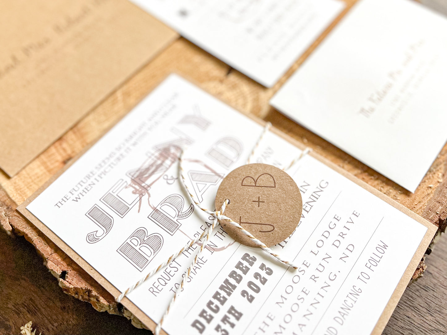 Country Farm Barn Wedding Invitation with Twine and Round Monogram Tag