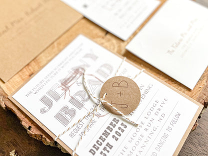 Country Farm Barn Wedding Invitation with Twine and Round Monogram Tag