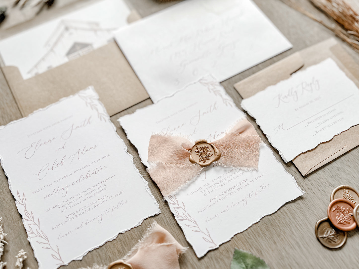 Light Brown Ribbon Wedding Invitation with Deckled Edging, Chiffon Ribbon & Antique Gold Wax Seal